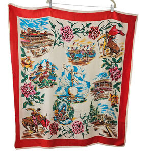 Vintage red white blue brown gold  travel souvenir scarf Mexico Spain 32 x 35